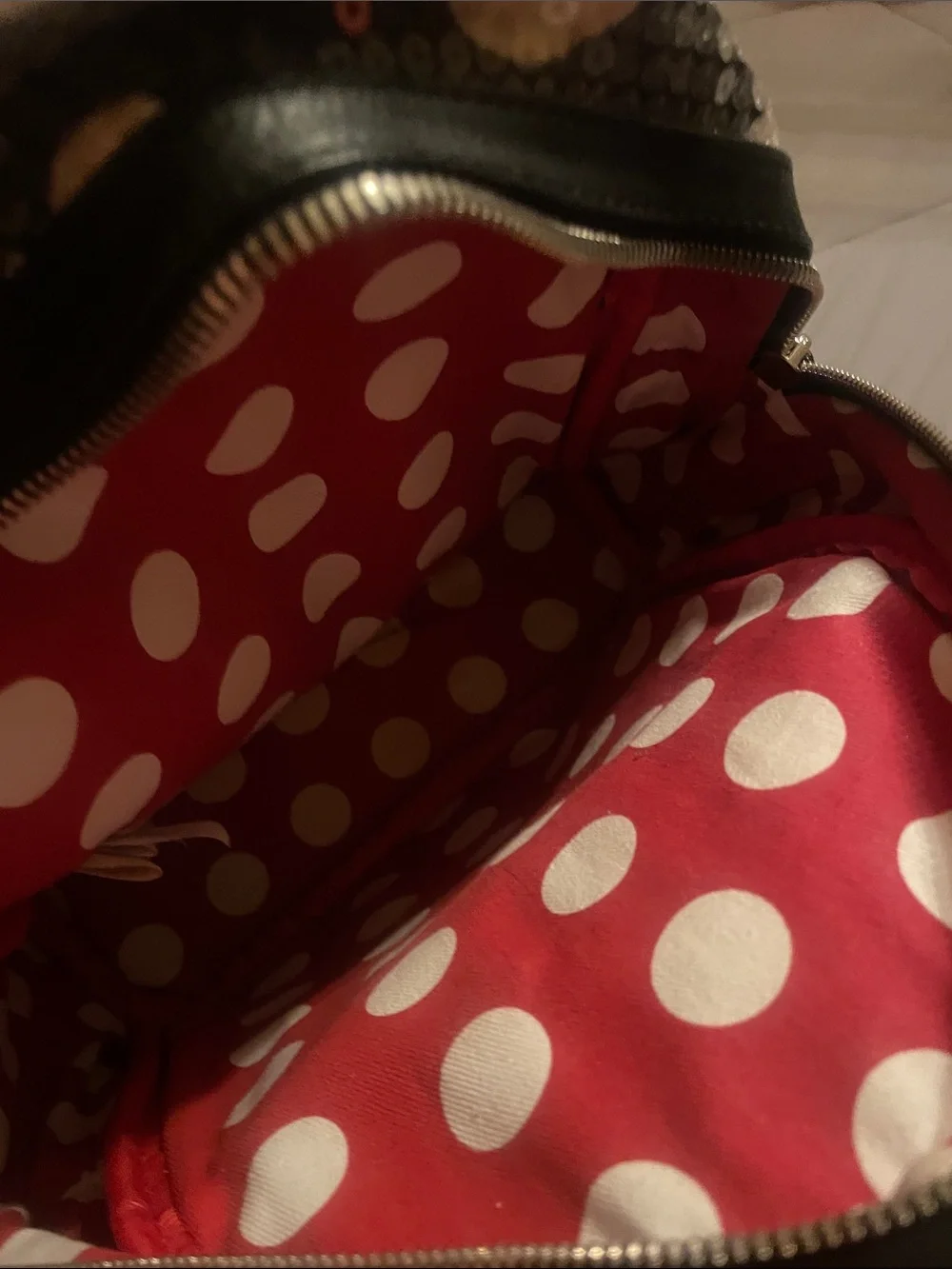 Loungefly Minnie Mouse Sequin Polka Dot Mini Backpack in Black, Red, White
